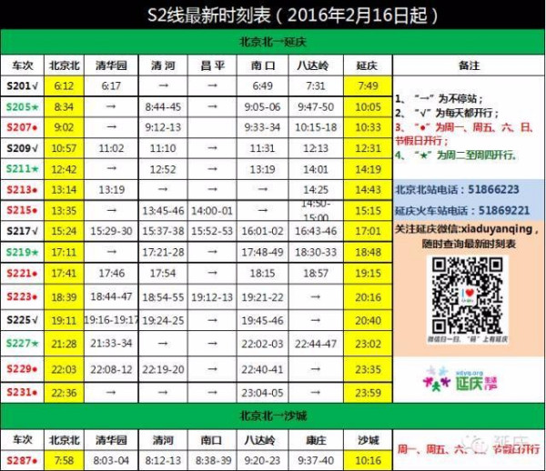 北京s2线最新时刻表2015